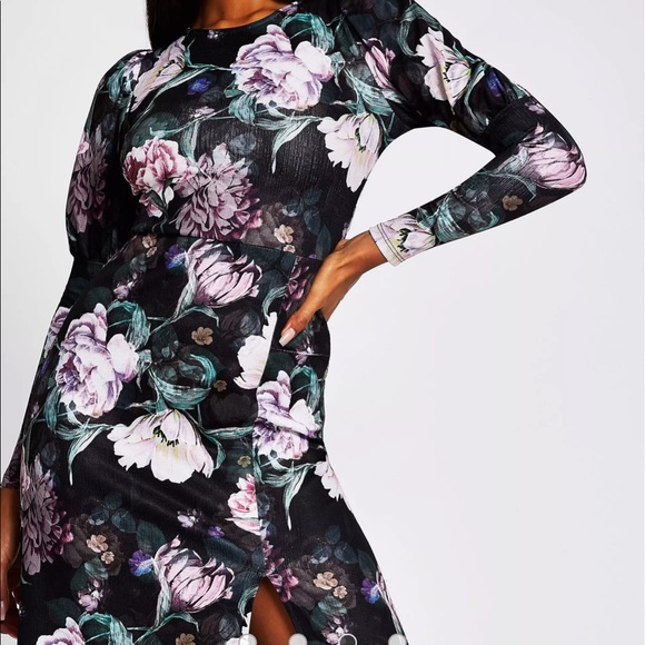 NWT RIVER ISLAND mutton sleeve floral midi dress in black - Picture 10 of 11